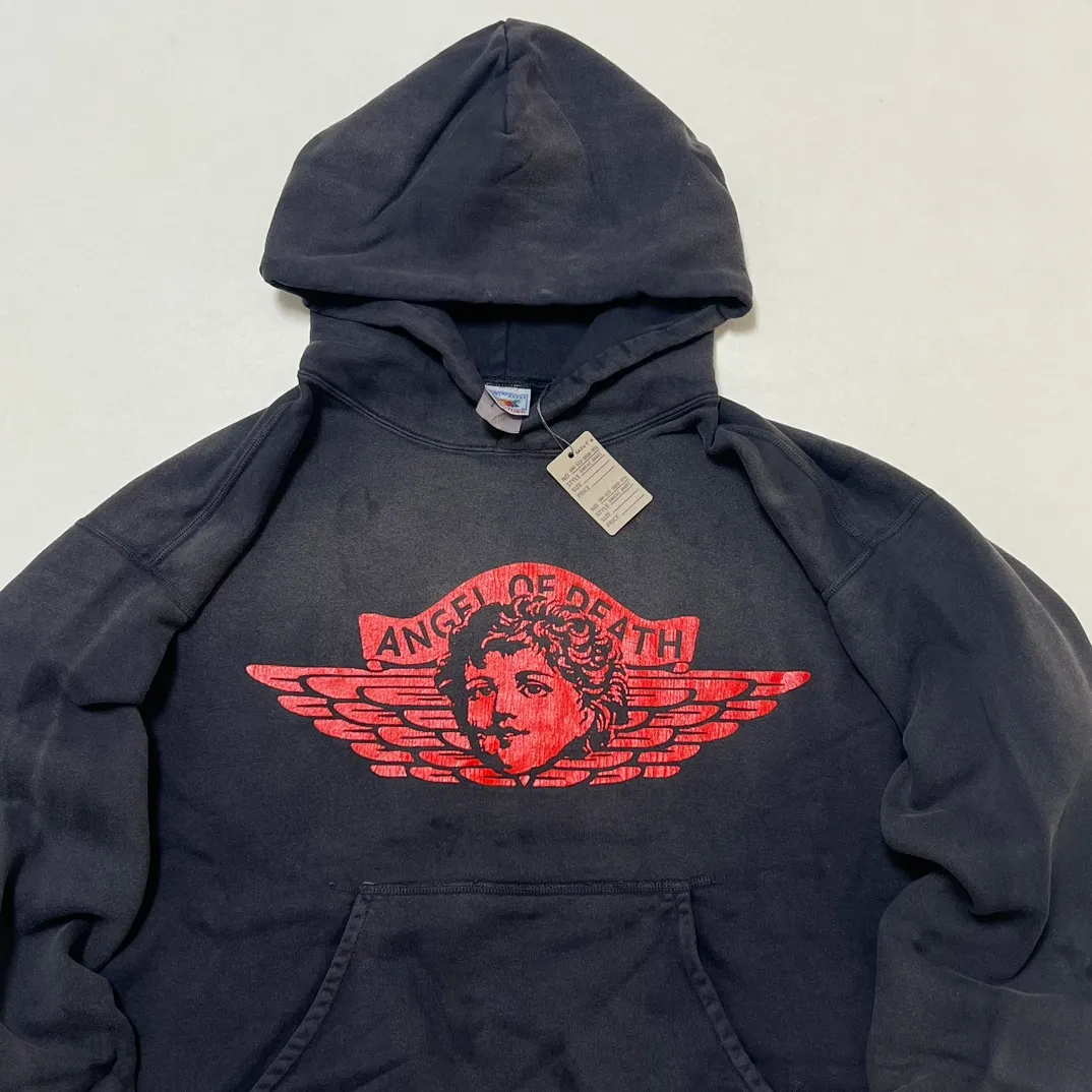 SAINT Mxxxxxx ANGEL HOODIE/BLK Angel Rebirth Crack Printed Retro Distressed Hoodie Assute dyeing, full-length spray-on fade, heavy fermentation wash, NEW VINTAGE texture, factory four-needle and six-thread workmanship, boneless patchwork, more comfortable to wear, genuine level crack print/accessories restored